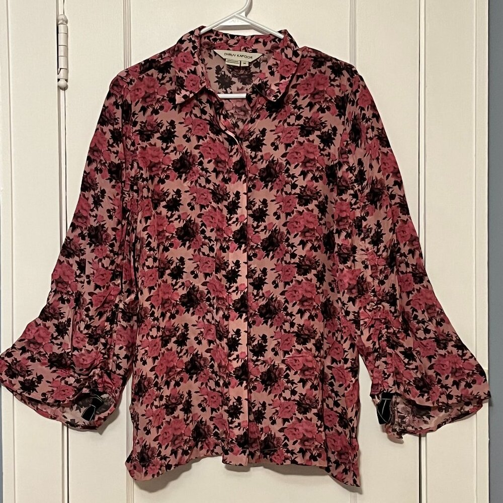 Dhruv Kapoor pink floral button up blouse size medium feminine romantic workwear